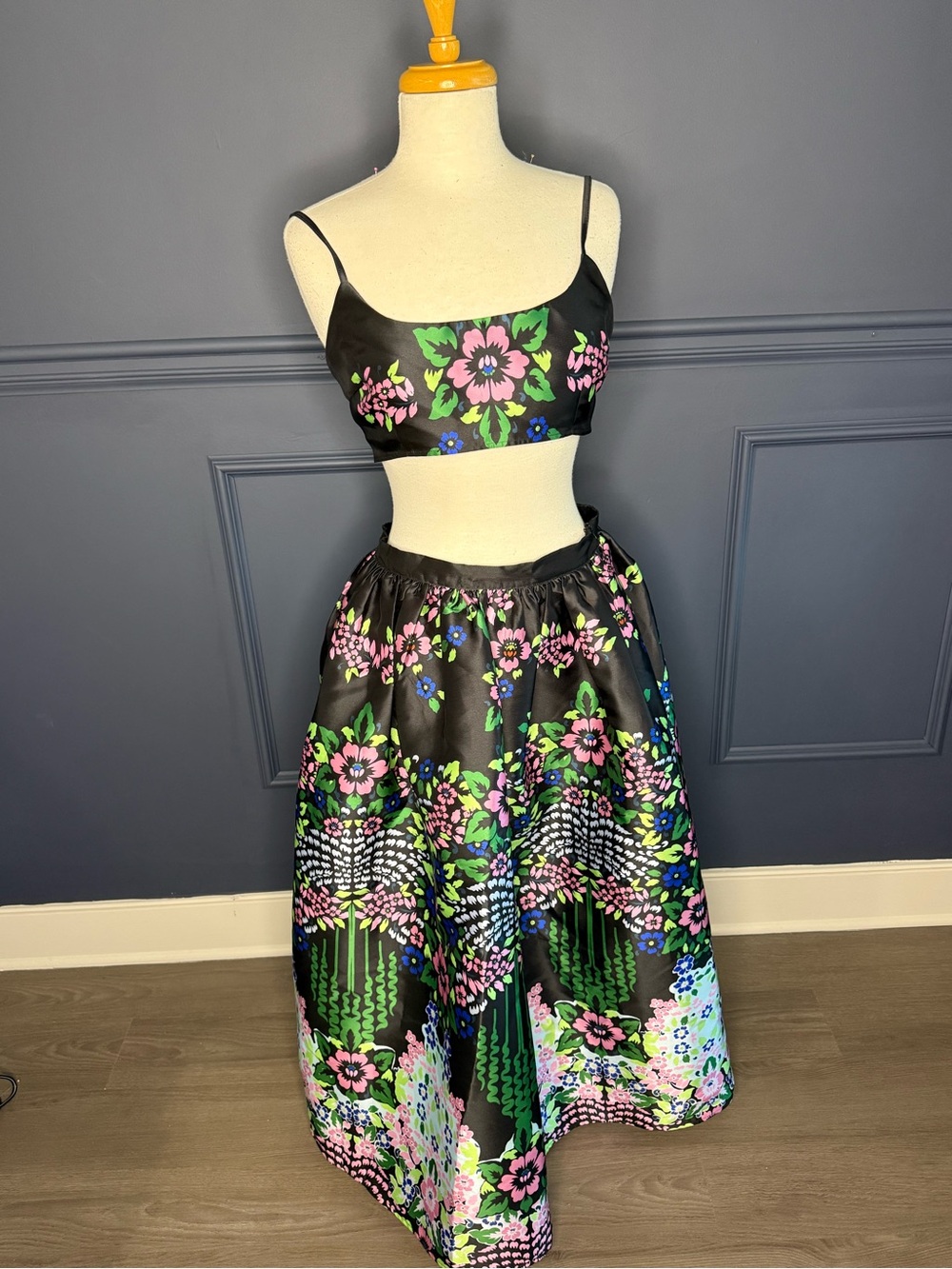 Nasty Gal Black Floral Full Midi Skirt with Pink & Green Print